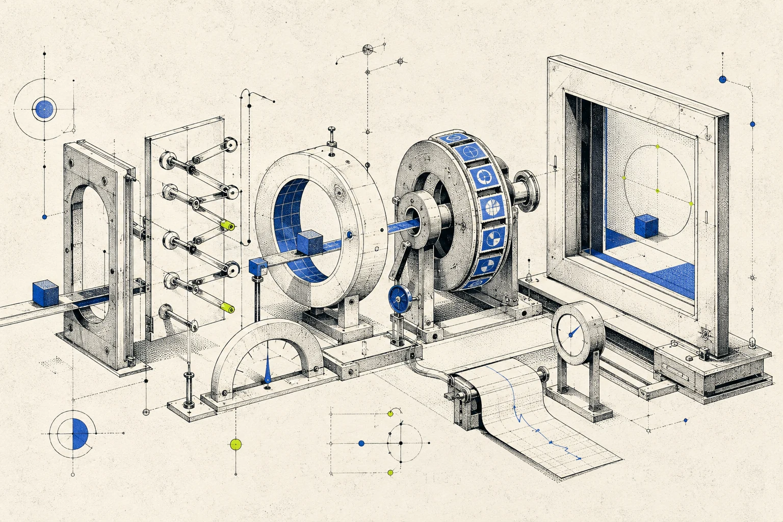 A small blue parcel passes through a sequence of mechanical gates, relay arms and inspection gauges toward an open checking window.