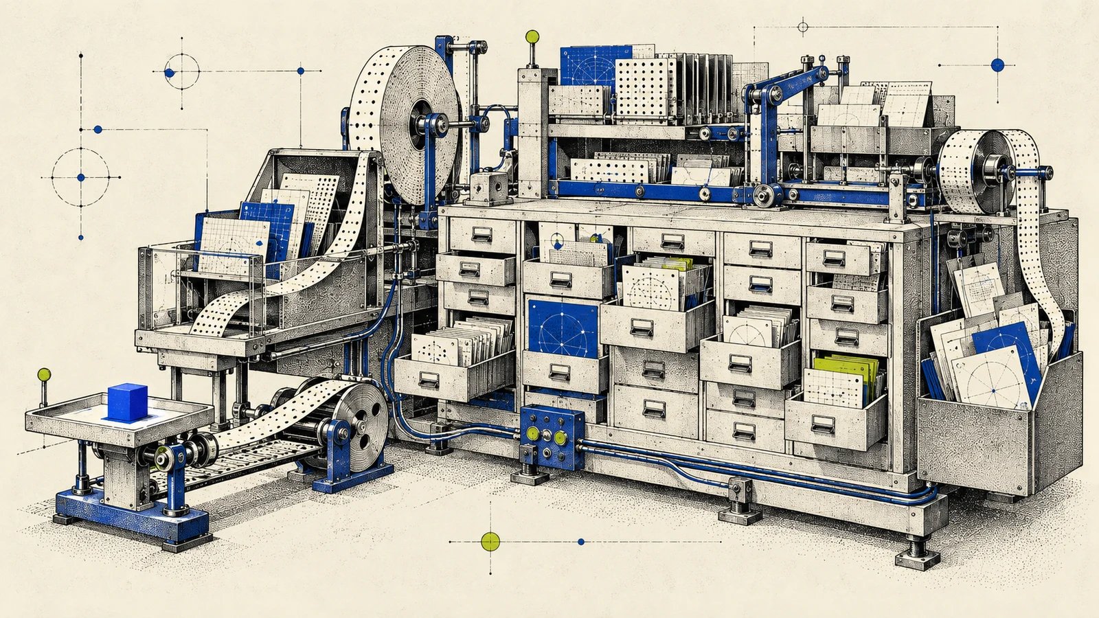 A small cobalt prize block sits on a visible tray attached to a much larger filing and sorting machine full of cards, drawers and punched tape.