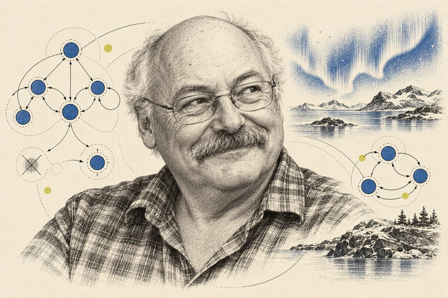 An engraved editorial portrait of Joe Armstrong with his glasses and moustache, set among Erlang process diagrams and a northern-lights landscape.