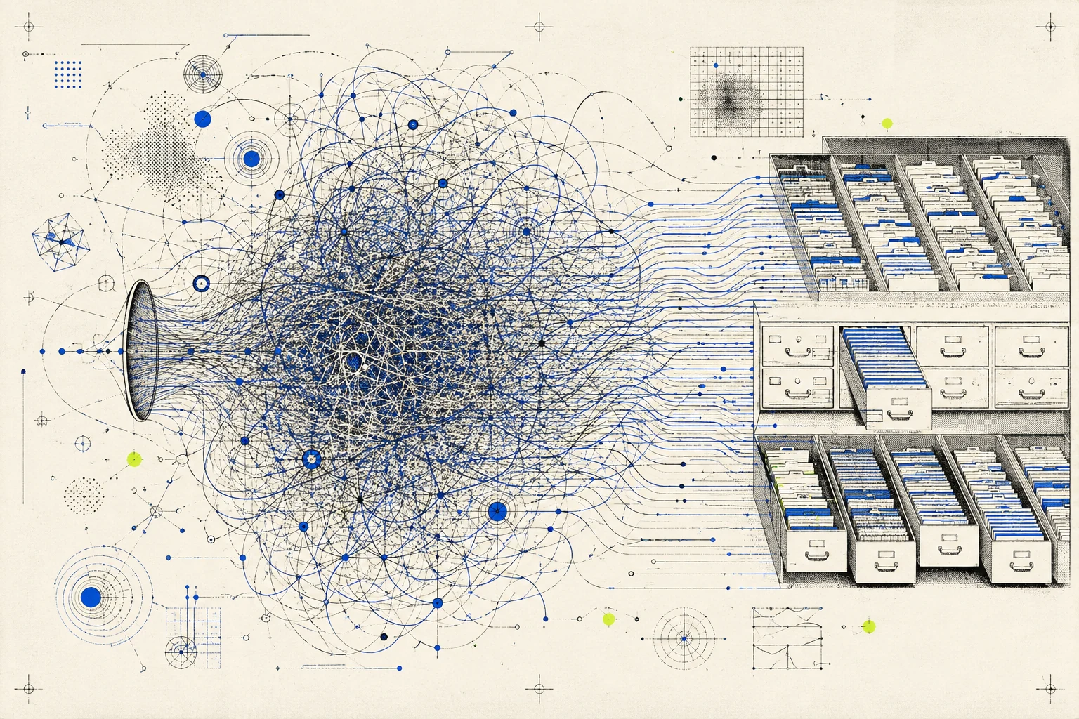 A dense web of blue and black plotter lines enters a funnel and resolves into orderly drawers of indexed cards.