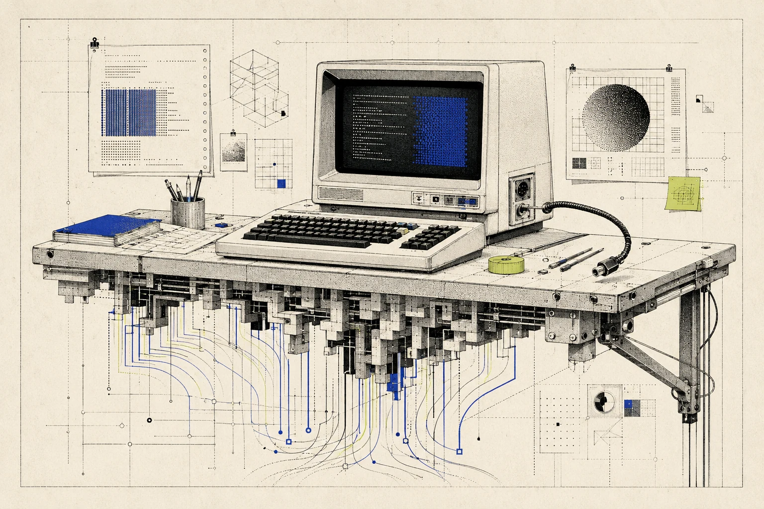 A vintage terminal sits complete on a technical bench while one final cable hangs just short of its socket and loose lines unravel below.