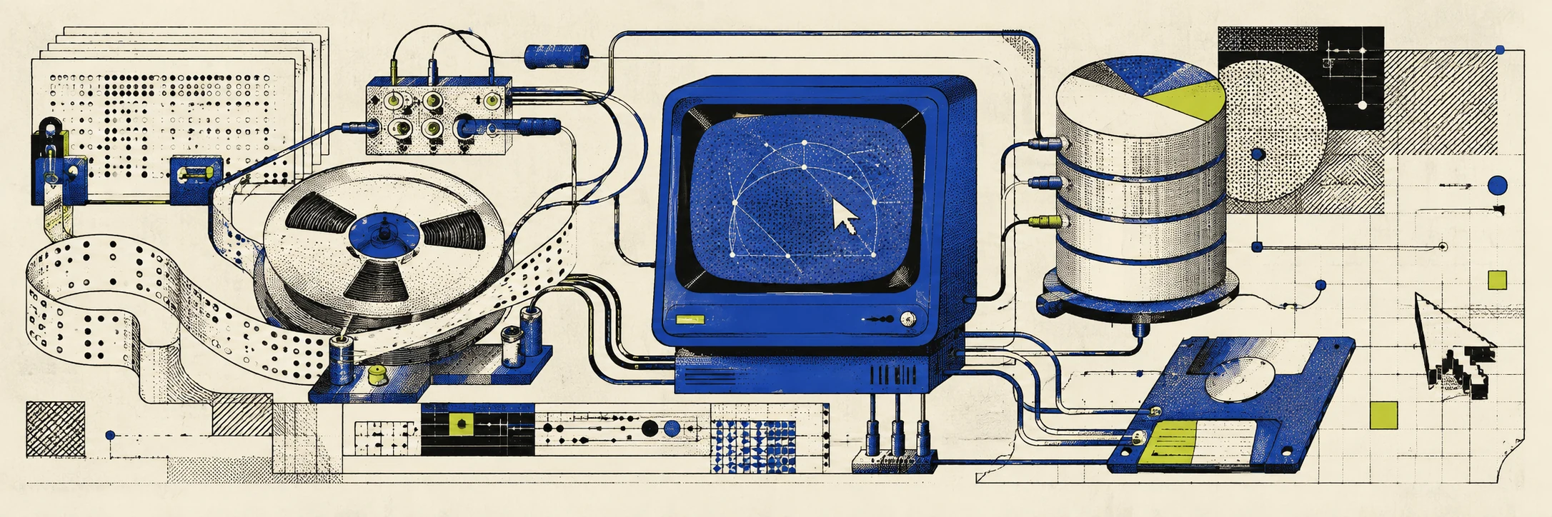 A punched card, tape reel, CRT terminal, database cylinder and floppy disk interact in one strange technical museum apparatus linked by cables and plotted lines.